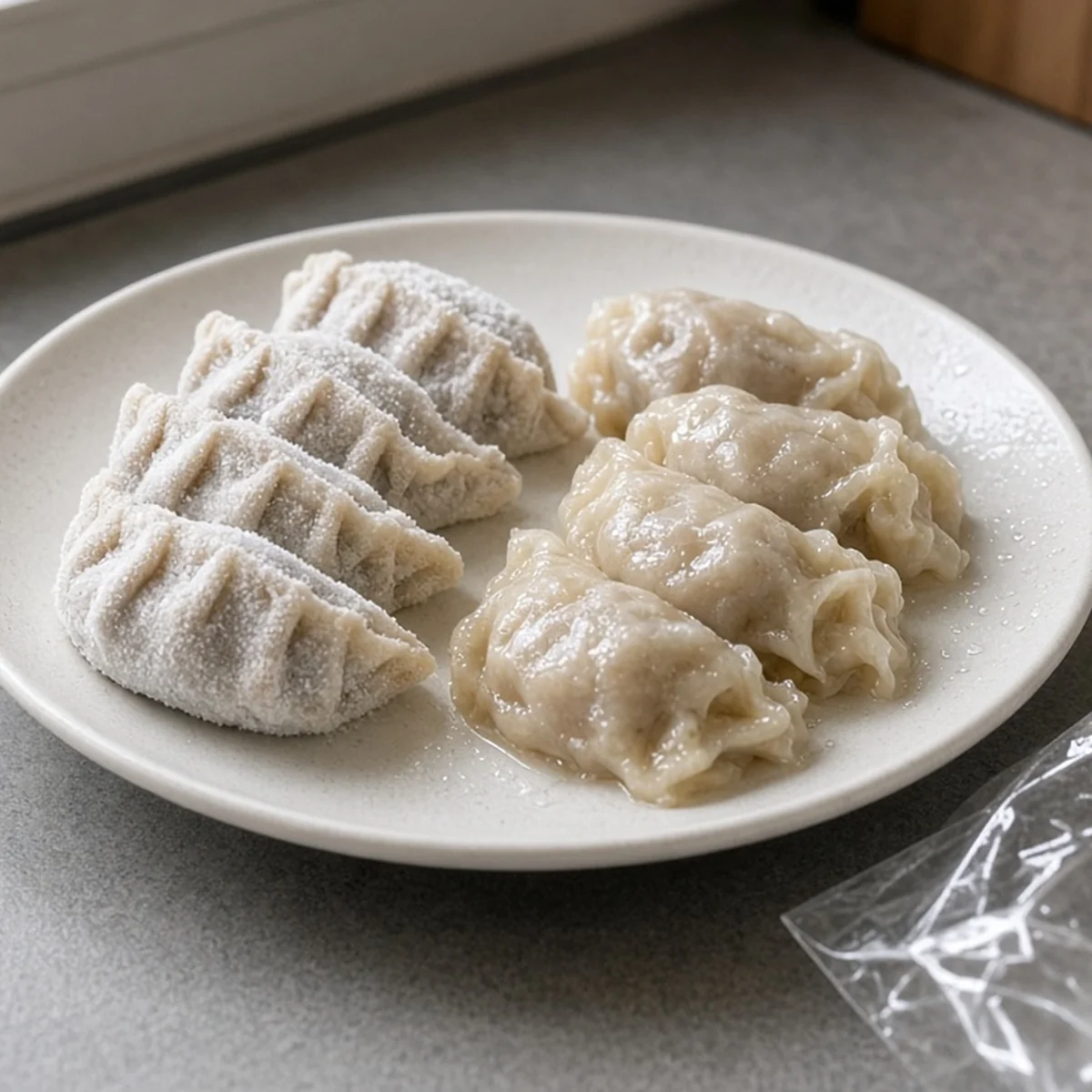 녹아 말랑해진 냉동만두와 아직 얼어 있는 만두가 함께 놓인 접시