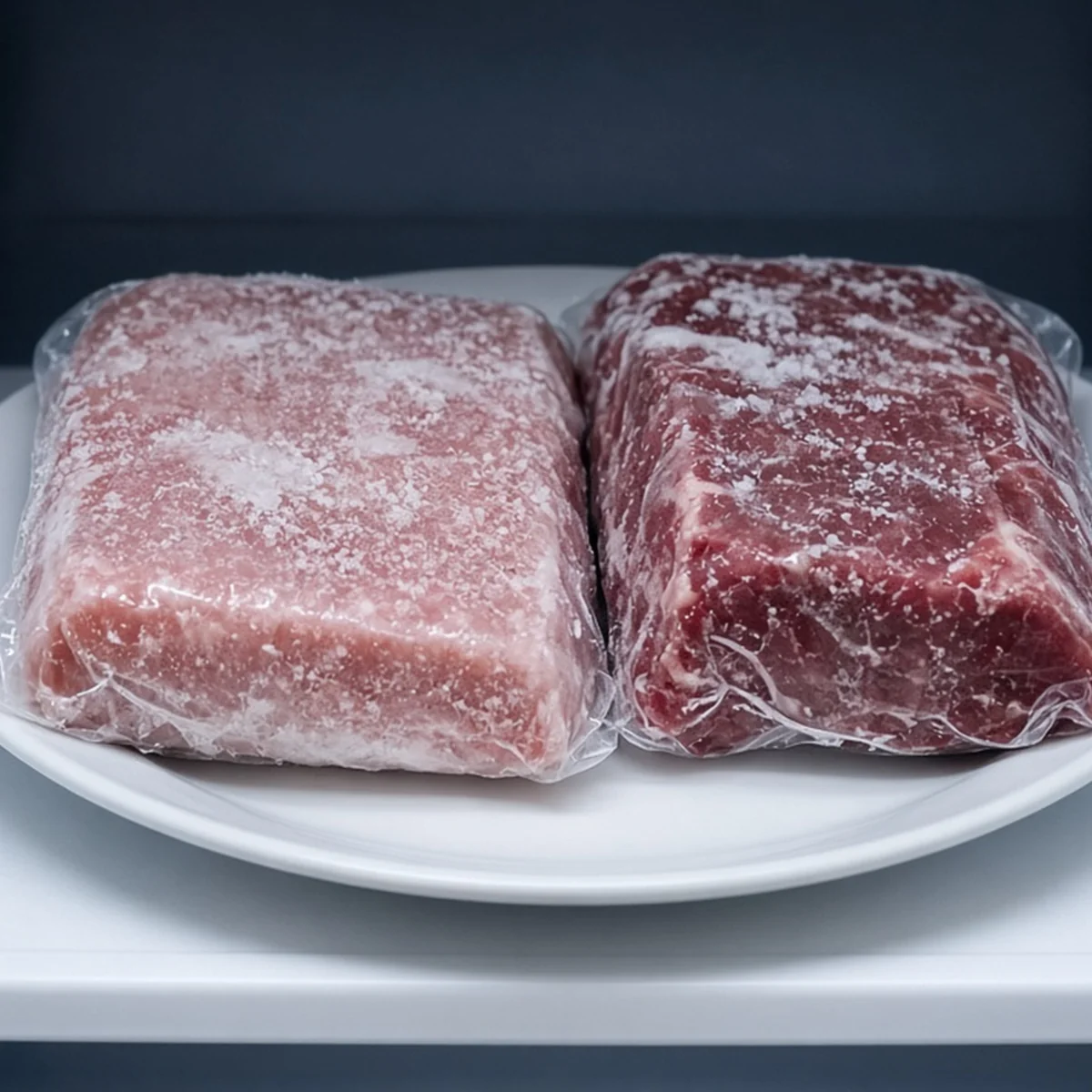 냉장고 아래 칸 접시 위에서 해동 중인 냉동 고기
