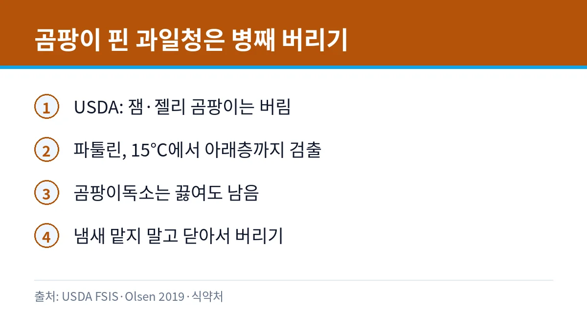 과일청 곰팡이, 걷어내고 먹어도 될까: 유자청·레몬청 보관 2 곰팡이 핀 과일청 처리 원칙 카드