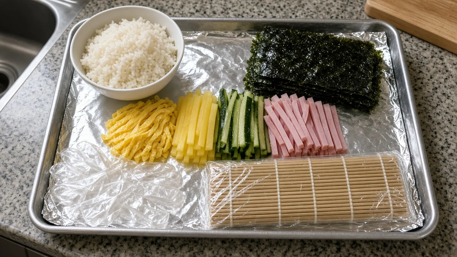 김밥 상온에 몇 시간 괜찮을까: 남은 김밥 냉장 보관과 데우기 3 호일 깐 쟁반 위 김밥 재료와 비닐을 씌운 김발, 위생장갑
