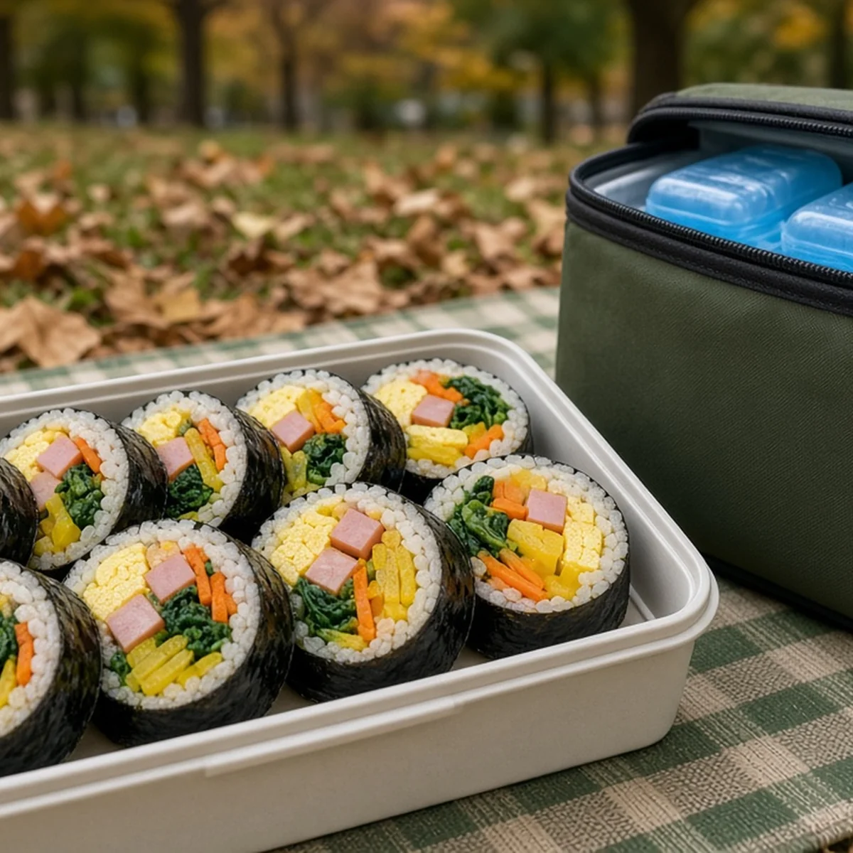 가을 공원 돗자리 위 도시락 김밥과 아이스 가방
