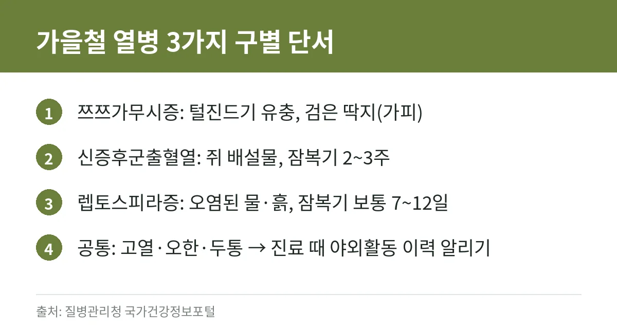 신증후군출혈열·렙토스피라증 증상과 예방수칙: 가을철 쥐가 옮기는 감염병 정리 (질병관리청 자료) 3 쯔쯔가무시증, 신증후군출혈열, 렙토스피라증의 구별 단서를 정리한 카드