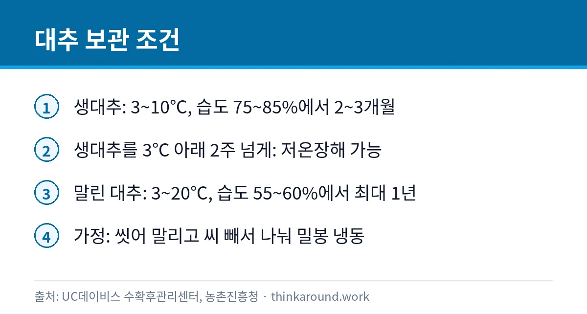 대추 곰팡이 핀 건 먹어도 될까: 생대추·말린 대추 보관법 4 생대추와 말린 대추의 보관 온도·습도·기간을 정리한 카드