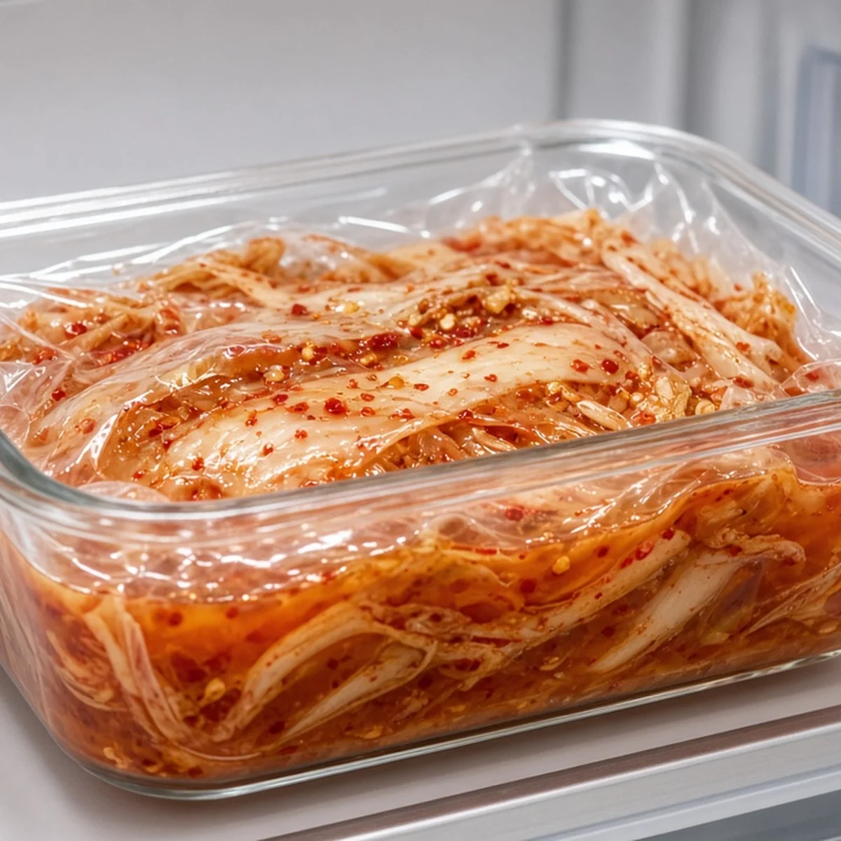 김치 흰막·곰팡이 구별: 골마지 먹어도 될까 3 냉장고 안 유리 용기에 랩을 덮어 보관한 배추김치(김치 골마지·곰팡이 구별 글 대표 이미지)
