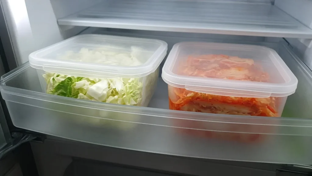 냉장고 야채칸에 뚜껑을 덮은 밀폐 용기에 나눠 담아 보관한 배추와 김치