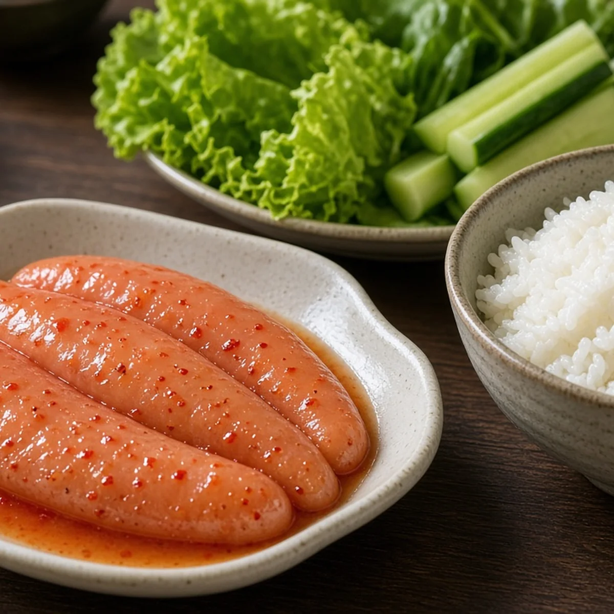 밥과 채소 옆 작은 접시에 담긴 명란젓