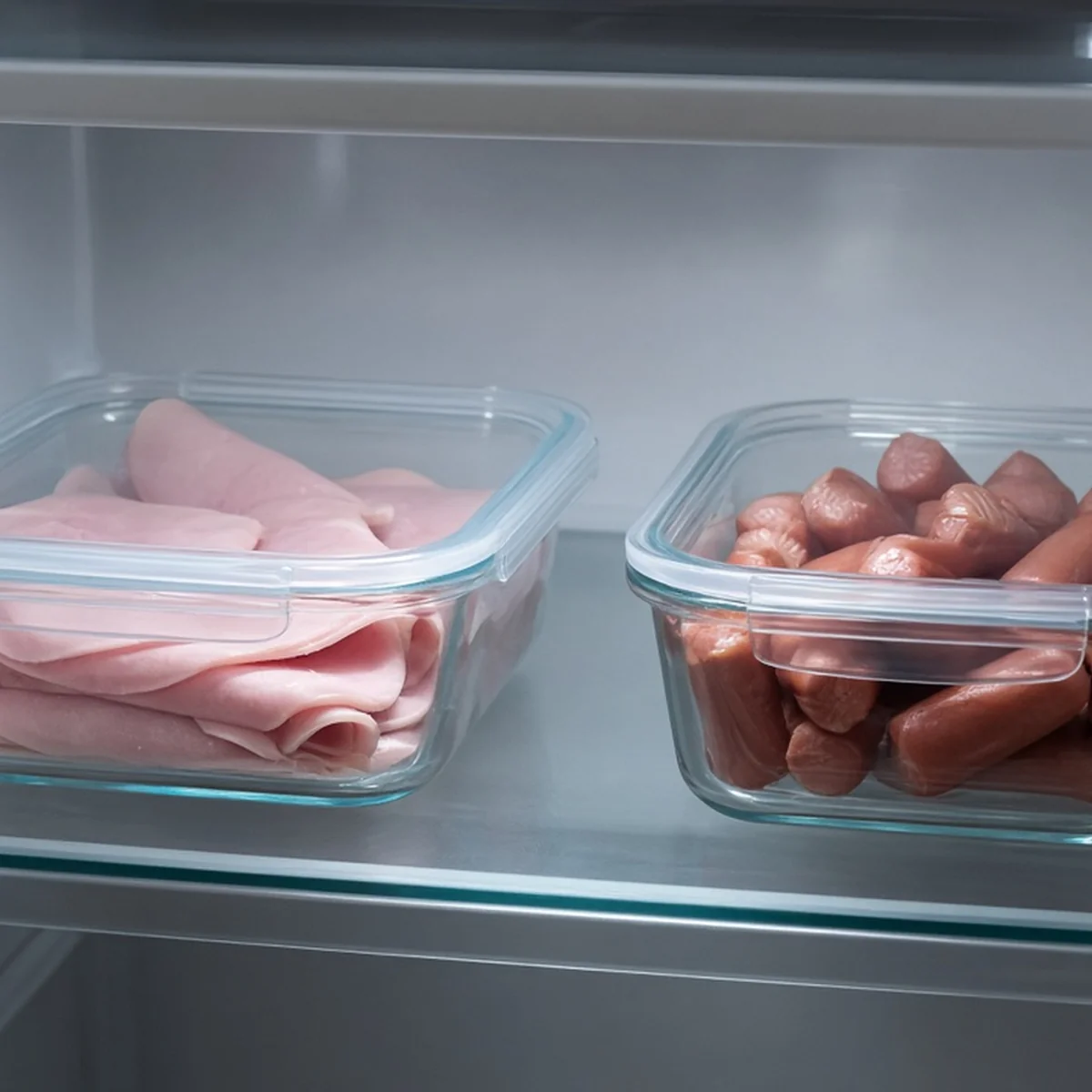 밀폐용기에 담아 냉장고에 보관한 슬라이스햄과 소시지