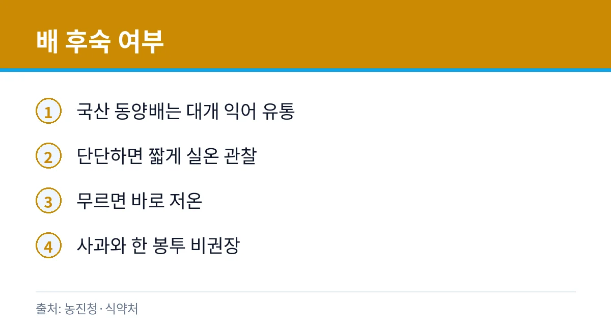 배 후숙·상함 구별: 냉장고 보관과 사과 분리 2 배 후숙 필요성 카드