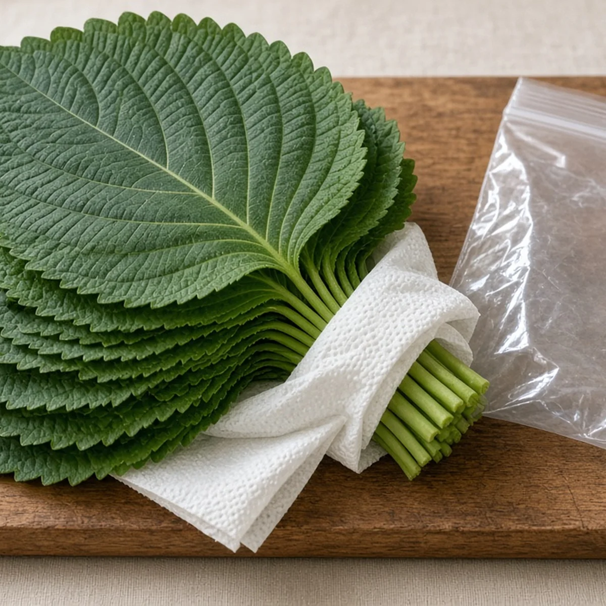 도마 위 잎자루를 젖은 키친타월로 감싼 깻잎 묶음과 지퍼백