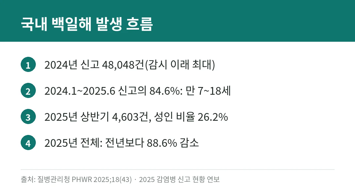 백일해 증상과 감기 구별: 2주 넘는 발작성 기침, 영아 보호를 위한 Tdap 접종 대상 (질병관리청 자료) 3 2024년 백일해 대유행과 2025년 감소 추세를 정리한 카드