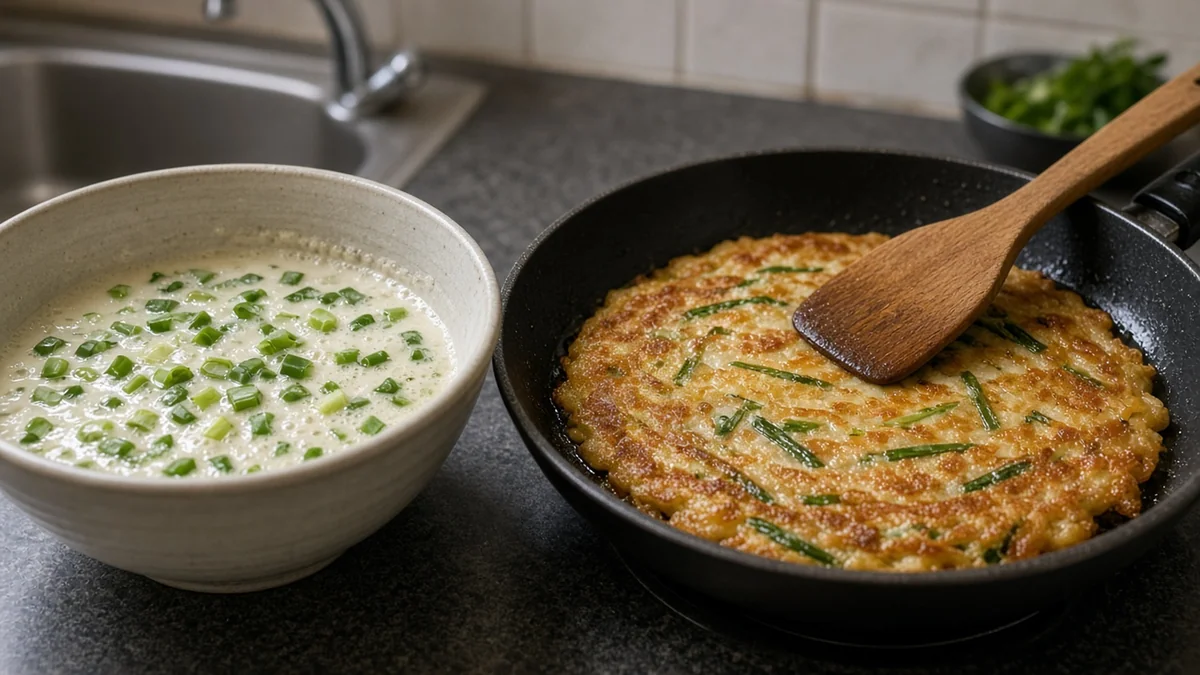 생반죽·밀가루 맛봐도 될까: 대장균 식중독과 안전한 베이킹 2 볼에 담긴 부침개 반죽 옆에서 부침개 한 장이 익고 있는 모습