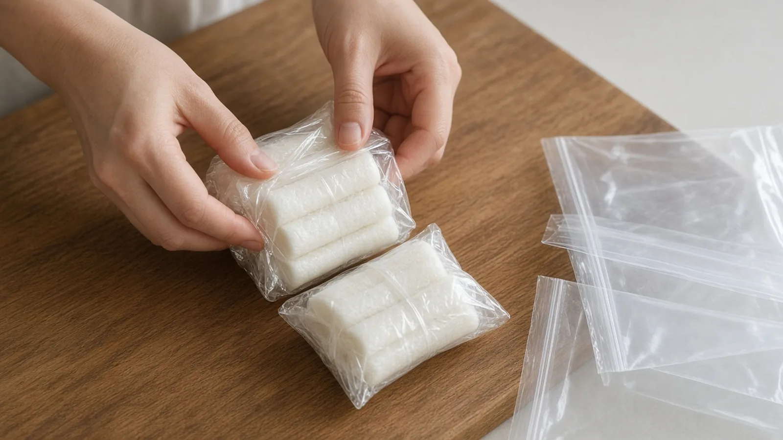 떡을 한 번 먹을 양씩 랩으로 싸는 손