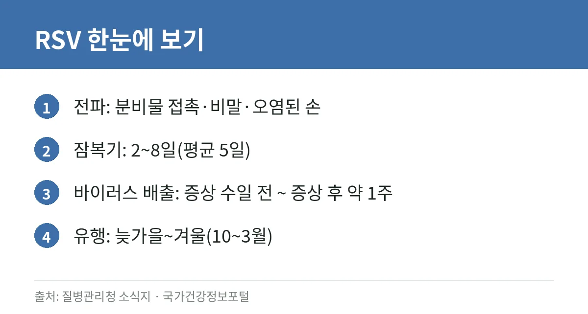 RSV(호흡기세포융합바이러스) 증상과 감기 구별: 영유아·고령자가 조심할 신호와 예방법 (질병관리청 자료) 2 RSV의 전파 경로, 잠복기, 바이러스 배출 기간, 유행 시기를 정리한 카드
