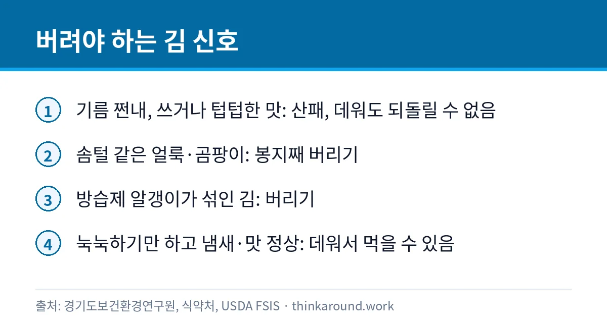 눅눅해진 김 먹어도 될까: 조미김 산패 신호와 냉동 보관법 6 버려야 하는 김과 먹어도 되는 눅눅한 김을 구별한 카드