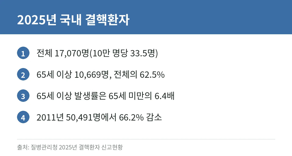 결핵 증상과 검사: 2주 이상 기침이 계속될 때, 잠복결핵 검사 대상과 치료 (질병관리청 자료) 2 2025년 국내 결핵환자 통계 카드